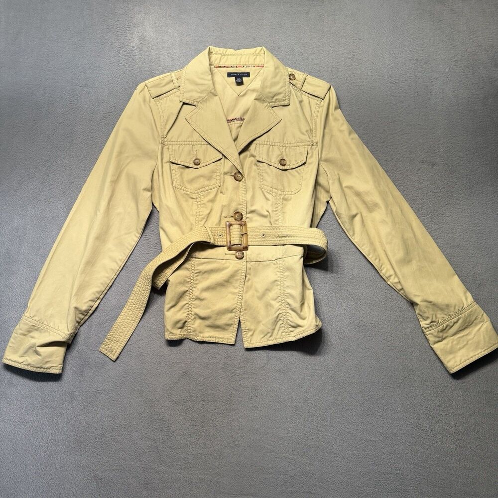 Tommy Hilfiger Womens Large Belted Button Up Safari Utility Jacket Khaki Beige